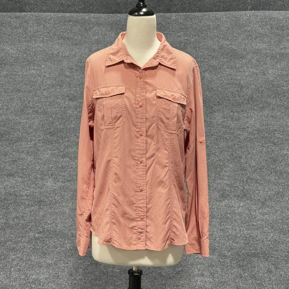 Duluth Trading Co Shirt Womens Large Pink Coral Button Front Roll Tab Sleeves